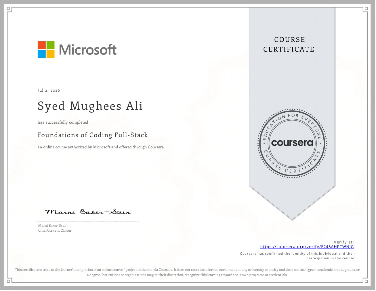 Foundations of Coding Full-Stack certificate issued by Microsoft