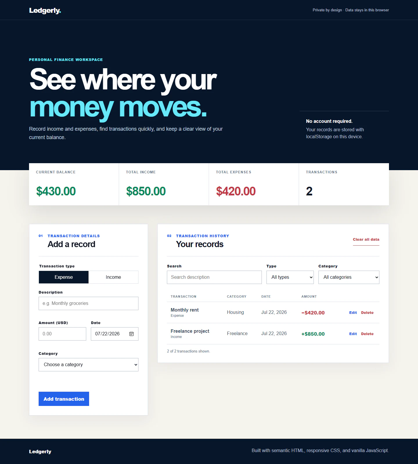 Ledgerly Expense Tracker application screenshot